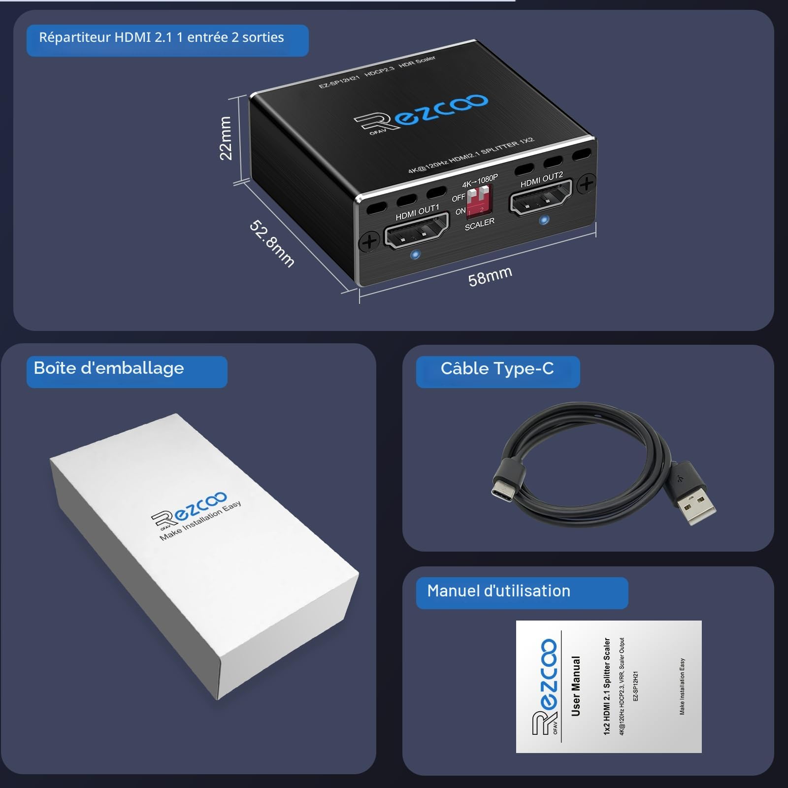 Splitter HDMI 2.1 4K 120Hz 8K 60Hz 1 entrée 2 Sorties VRR ALLM HDCP2.3 HDR10 8K UHD Dolby Vision Atmos Scaler 4K EDID 1080P HDMI 2.1. Répartiteur 1x2 Compatible avec PS5, SkyQ, Xbox, NVIDIA, AMD.