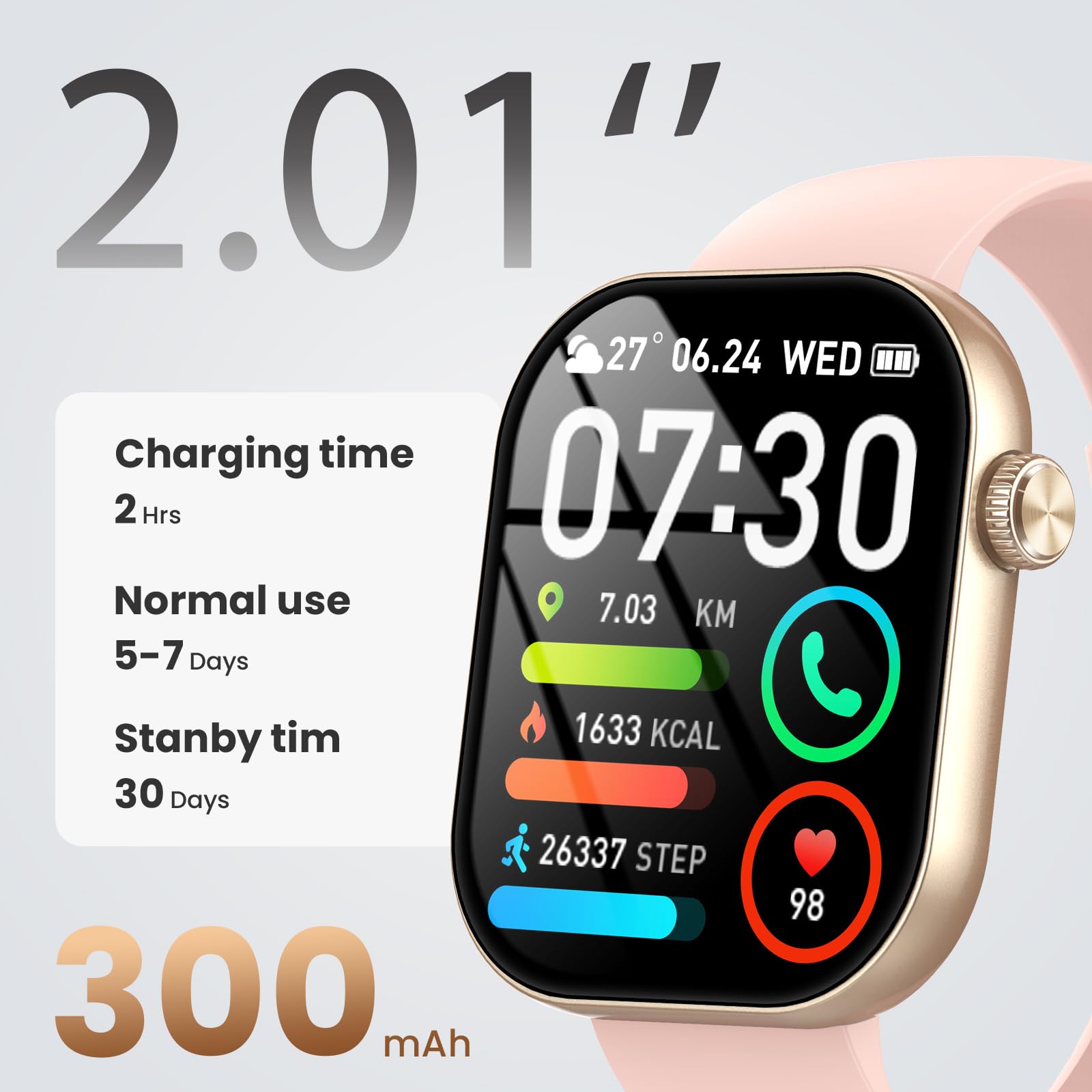 Smartwatch Uomo Donna, 2.01" Orologio Smartwatch con Chiamata Bluetooth e Risposta Vivavoce, Fitness Tracker con Contapassi/Sonno/Cardiofrequenzimetro, Impermeabile 5ATM, 100+ Sports Smart Watch Rosa