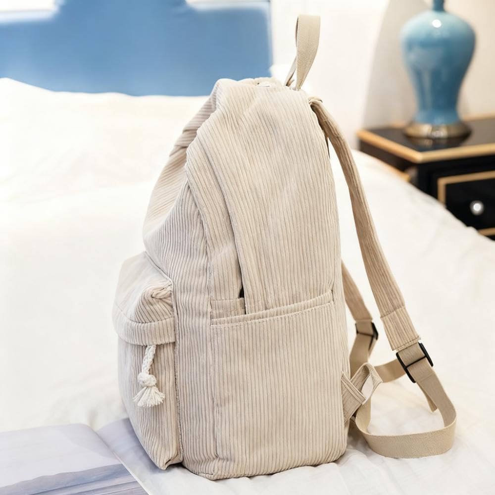 Corduroy Travel Backpack Women Vintage Casual Kawaii Cute Aesthetic Fuzzy Fluffy Plush Fleece Rucksack Daypack (White) - Image 5