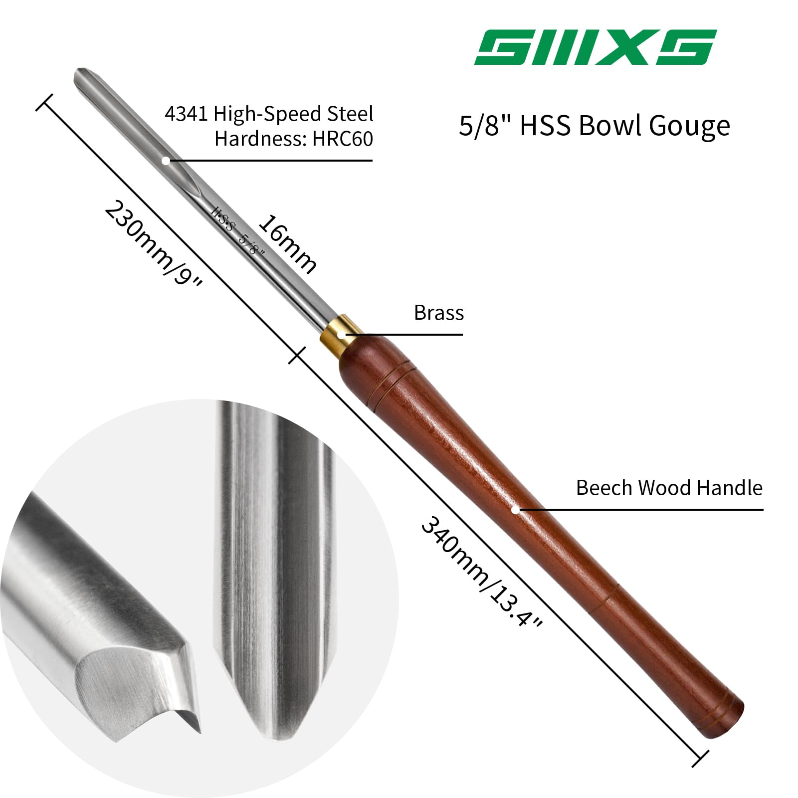 SIIIXS 5/8'' HSS Bowl Gouge Lathe Chisel with Side Grind, 1/2" Flute Spindle Gouge for Woodturning,Wood Lathe Bowl Turning Tools - Image 3