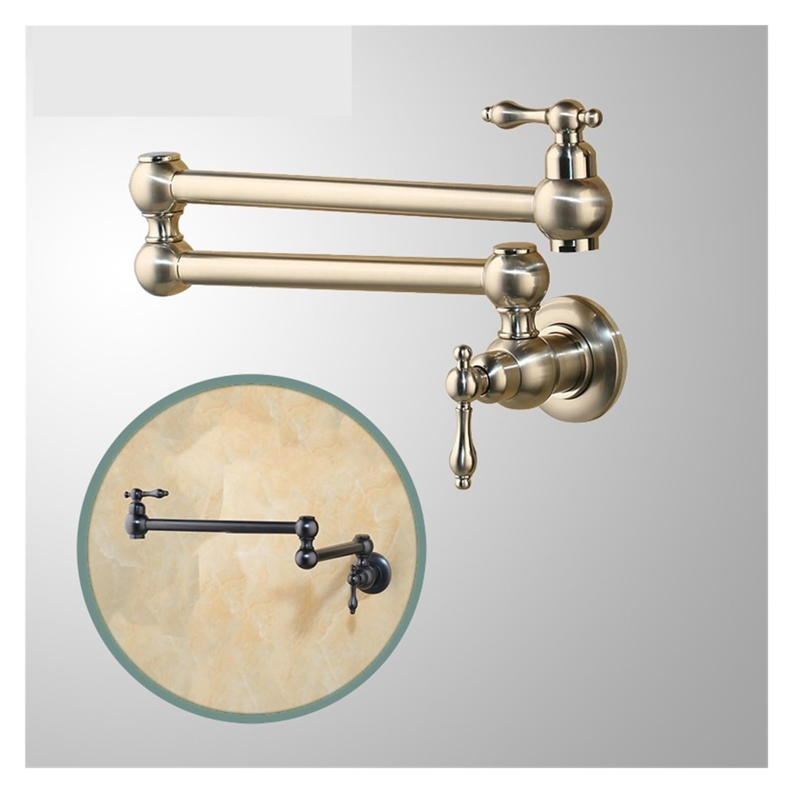 Grifo de cocina latón montaje en pared con brazo oscilante extensible plegable y boquilla doble articulación níquel negro bronce(Brushed Nickel)