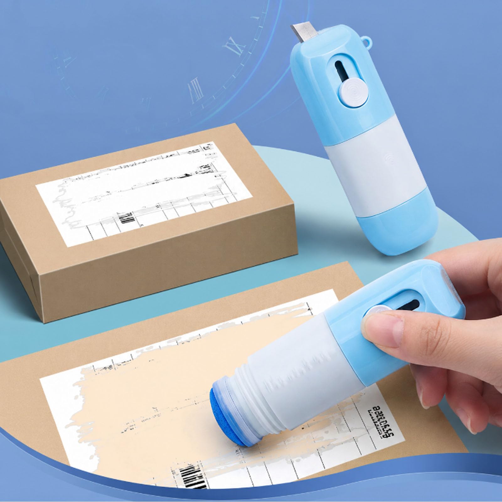 Genérico Borrador Etiquetas Paquete, Fluido de Corrección de Papel Térmico Con Cuchillo de Desempaquetado,2 en 1 Dispositivo de Borrado de Fuga Anti -Inform (2 Azul)
