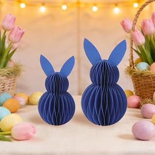 2 Pcs Easter Bunny Honeycomb Centerpiece, 2 Sizes Navy Blue Rabbit Table Ornament, Animal 3D Honeycomb Ball Decoration for Easter, Egg Hunt, Birthday, Spring Garden Party Supplies