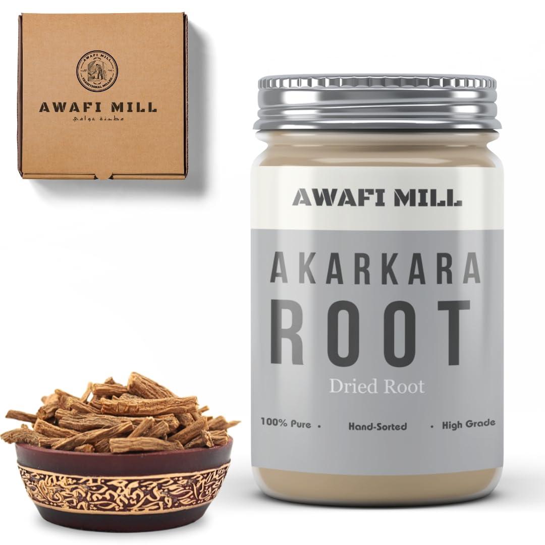 AWAFI MILL Dried Akarkara Root - Premium Quality - Authentic Ayurvedic Herb - Natural Aphrodisiac - Herbal Remedy for Vitality and Wellness (Bottle of 200 gram / 7 Oz)
