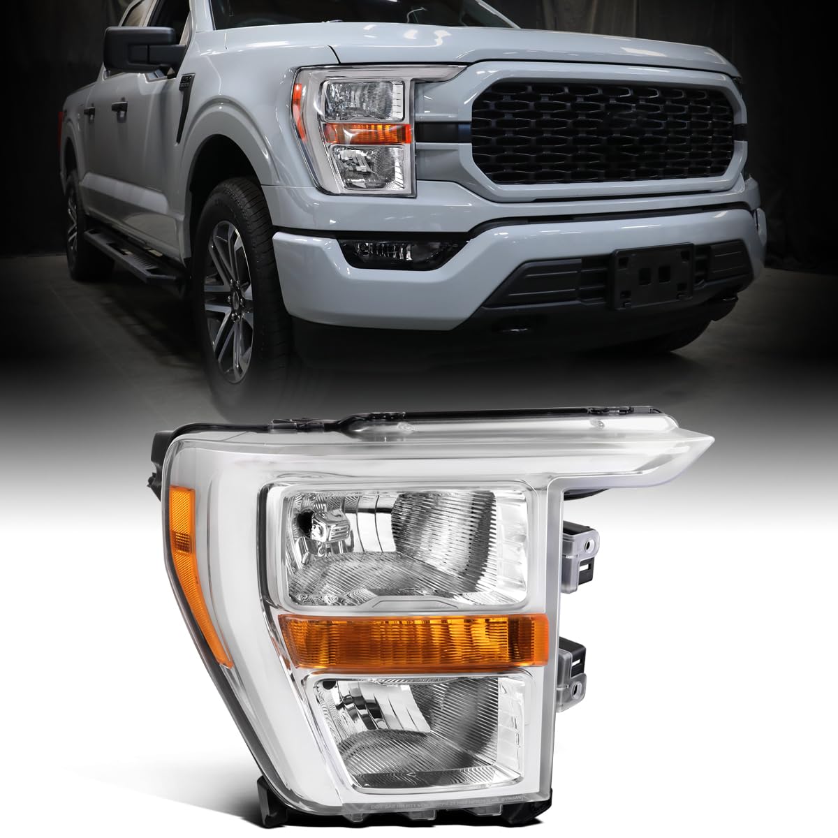 Ronnin - Fits 2021-2023 Ford F150 Halogen Headlights Factory Stock Replacement Assembly | Right Passenger Side | Chrome