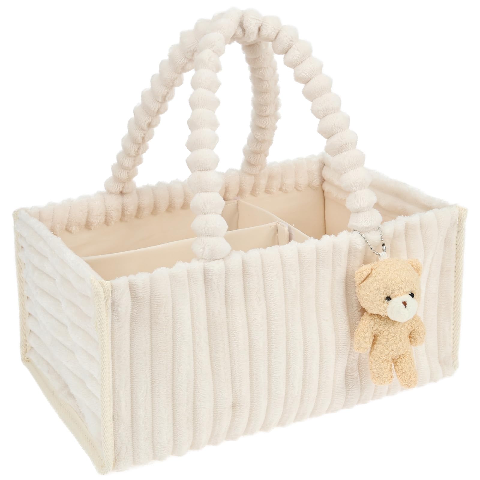 JEJUWE Nappy Caddy Organizer Plush and Non-Woven Fabric Baby Storage Bin Foldable Nursery Basket for Newborn Essentials for Storing Wet Wipe Comb and Small Toy with Bear Charm 38x24x18cm(white)