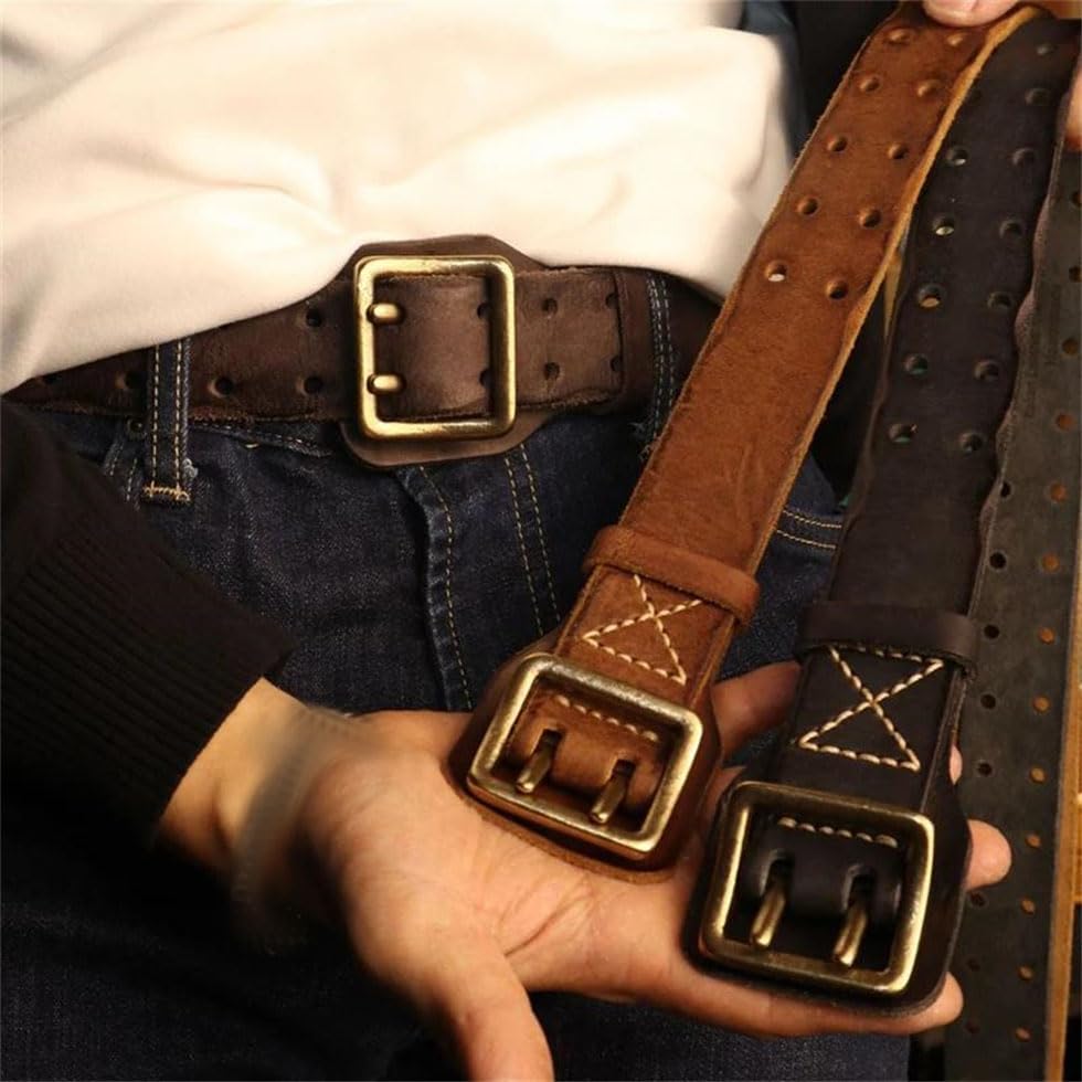 Pohullan Men Double-Needle Buckle Belt Water Made Old Jeans Belt Retro Casual Leather Belt2