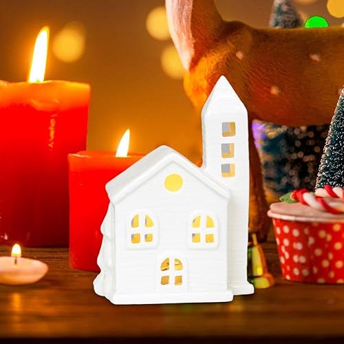 Miniatura 5 de Casas blancas de pueblo de Navidad, casas y pueblos de cerámica, casas de aldea de Navidad de cerámica blanca, con luces LED integradas, decoración
