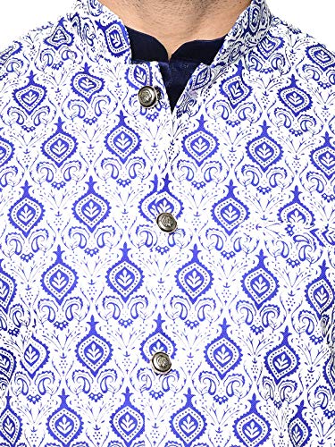 Image of SAIFOO Men's Silk Navy Blue Kurta Pyjama & Printed Nehru Jacket