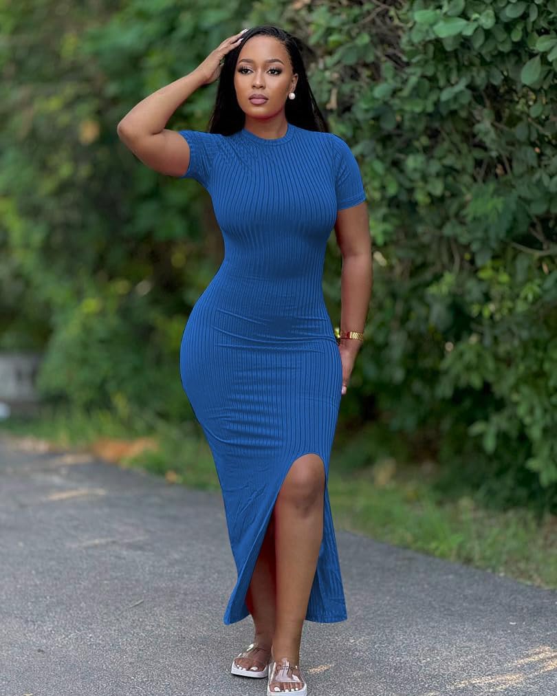 Womens Bodycon Maxi Dress Split Striped Ribbed Crewneck Short Sleeves Casual Sundress Solid Sexy Long Summer Dresses - Image 2