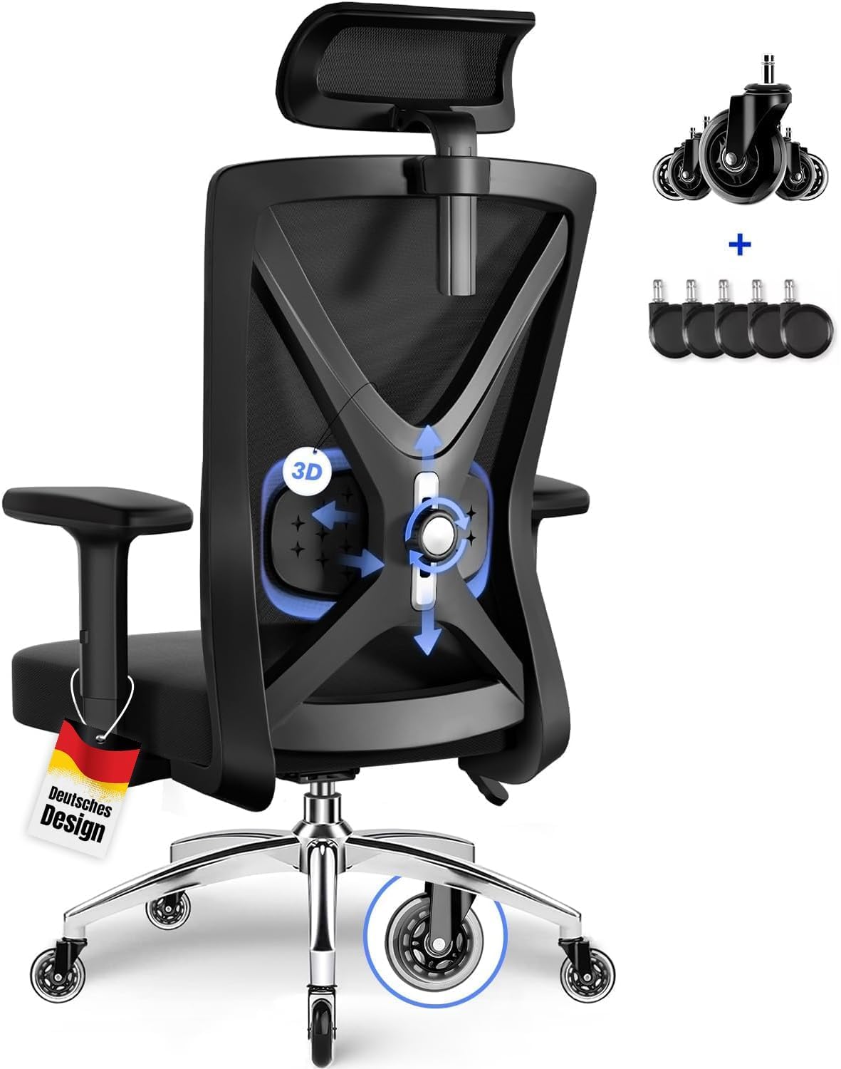 Daccormax Bürostuhl, Bürostuhl ergonomisch mit Verstellbaren Armlehnen, Weiche Lendenstütze und Kopfstütze Wippfunktion 200 kg