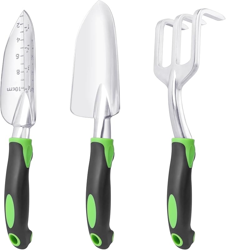 Juego de herramientas de jardín, paquete de 3 herramientas de jardinería resistentes que incluyen pala de jardín, paleta de trasplante y rastrillo de mano con mango ergonómico antideslizante, herramientas manuales de jardín y césped de aleación de aluminio para plantar