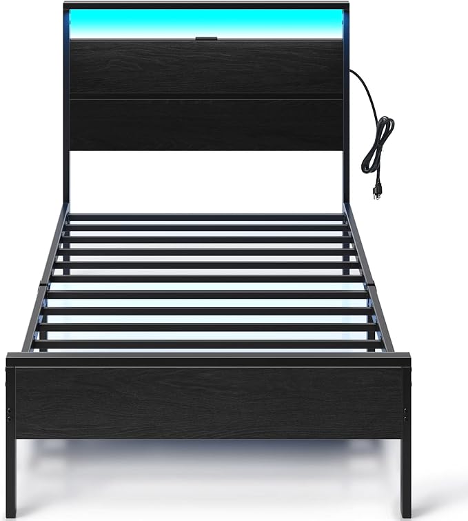 Rolanstar Bed Frame with USB Charging Station, Twin Bed Frame with LED Lights Headboard