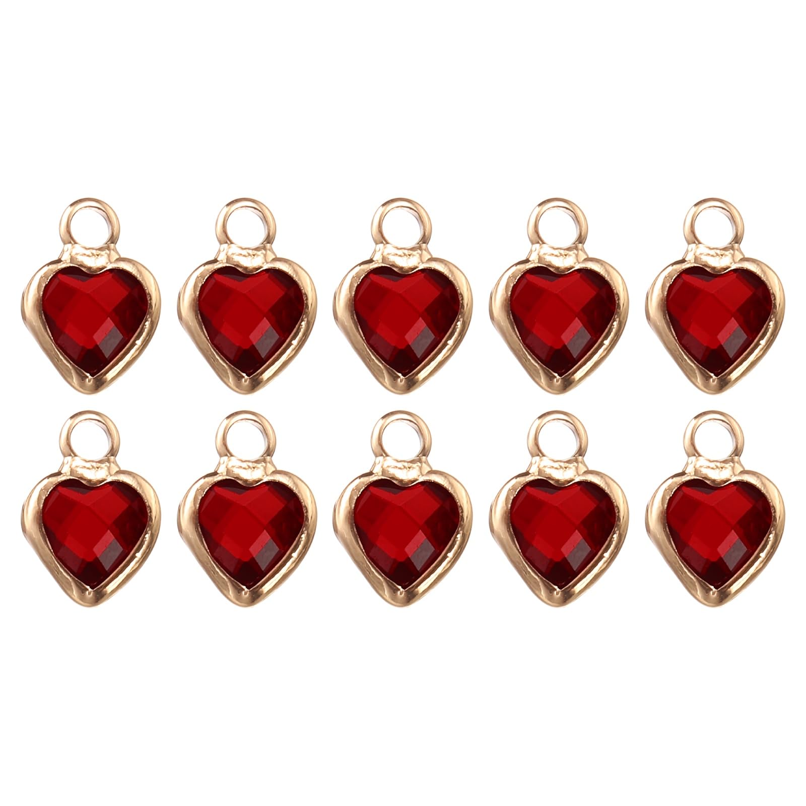 sourcing map 10 Pcs Crystal Gold Plated Heart Charm, Metal Charm Pendant for Jewelry Making DIY Bracelet Necklace Earring Phone Accessories Keychain Crafting, Dark Red, 9x7mm
