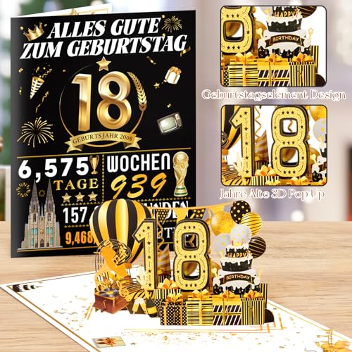 OLOSONG Geburtstagskarte 18. Geburtstag - 3D Pop Up Karte Geschenke 18 Geburtstag Mädchen Junge, Lustige Goldene Deko 18. Geburtstag Für Freund Tochter Sohn Schwester Sie, Back in 2008 Mit Umschlag ﻿