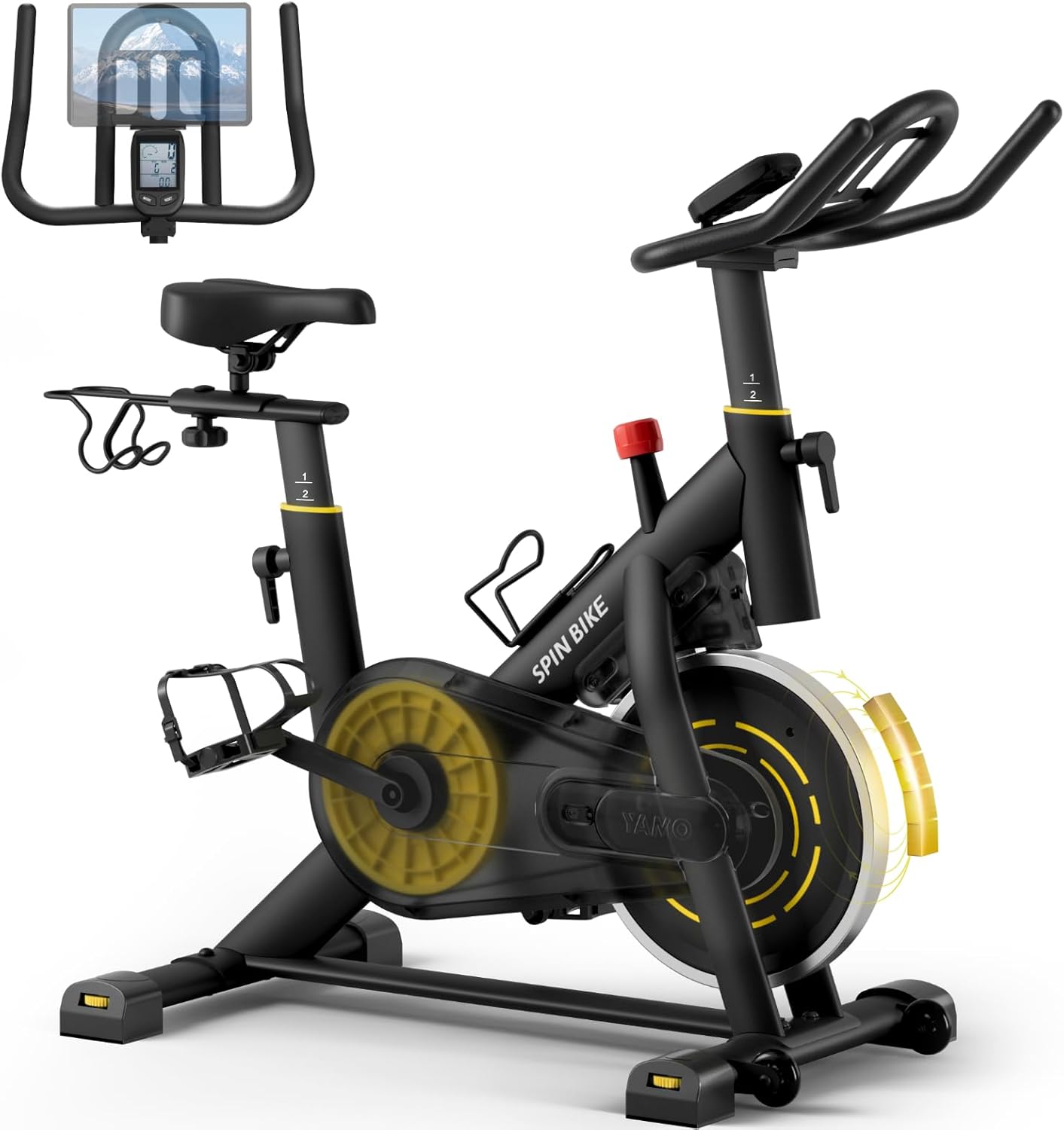 YAMO Exercise Bike, Indoor Cycling Bike Brake Pad/Magnetic Stationary Bike for Home, Adjustable Resistance Silent Belt Drive, Cycle Bike with Comfortable Seat Cushion & Upgraded LCD Monitor