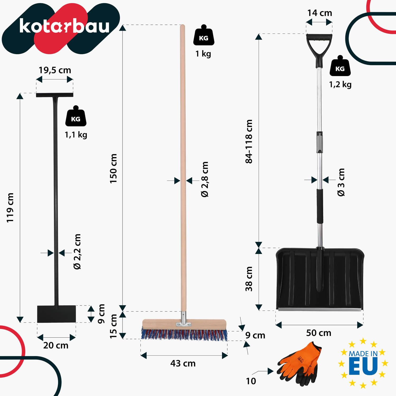 KOTARBAU® Set pala da neve con manico in legno, guanti caldi, pala da neve, pala da neve, pala con manico, Pala da neve con manico telescopico/scopa da strada/raschietto per ghiaccio/guanti