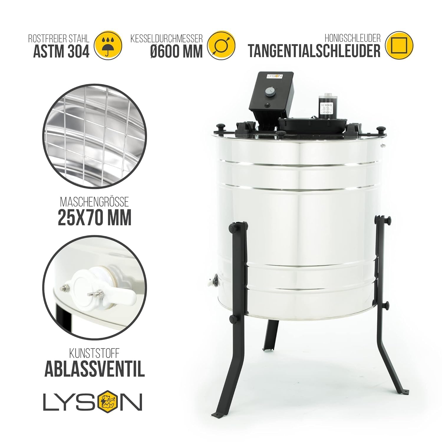 LYSON 4-Waben Honigschleuder Diagonalschleuder Ø600 elektrisch, universal, Honigextractor mit elektrischem Antrieb aus säurebeständiger Edelstahl, Tangentialschleuder für 4 Rähmchen