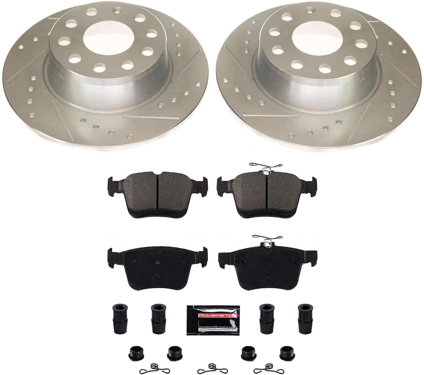 PowerStop Rear Brake Kit For Volkswagen Jetta 2019-24 | Volkswagen Taos 2022-24 - Drilled and Slotted Disc Rotors with Ceramic Brake Pads Replacement, K8337