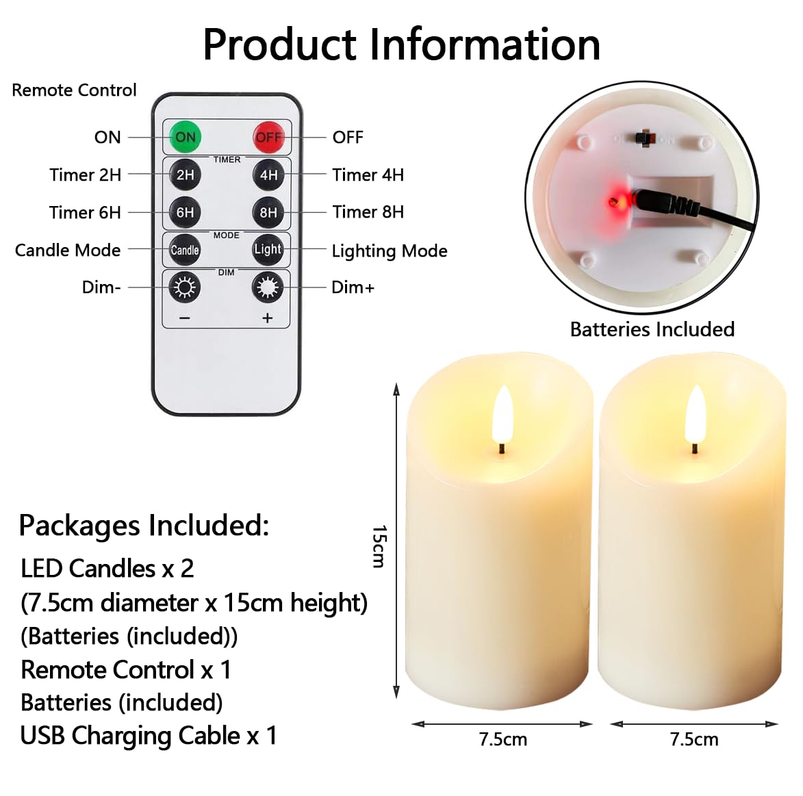 FiiMoo Velas LED Recargables, Pack de 2, Velas Eléctrica Efecto Llama con Cable de Carga USB y Temporizador, Vela de Pilas, 3D Efecto Llama, para Navidad Halloween Fiesta Decor Habitacion, 15cm Marfil