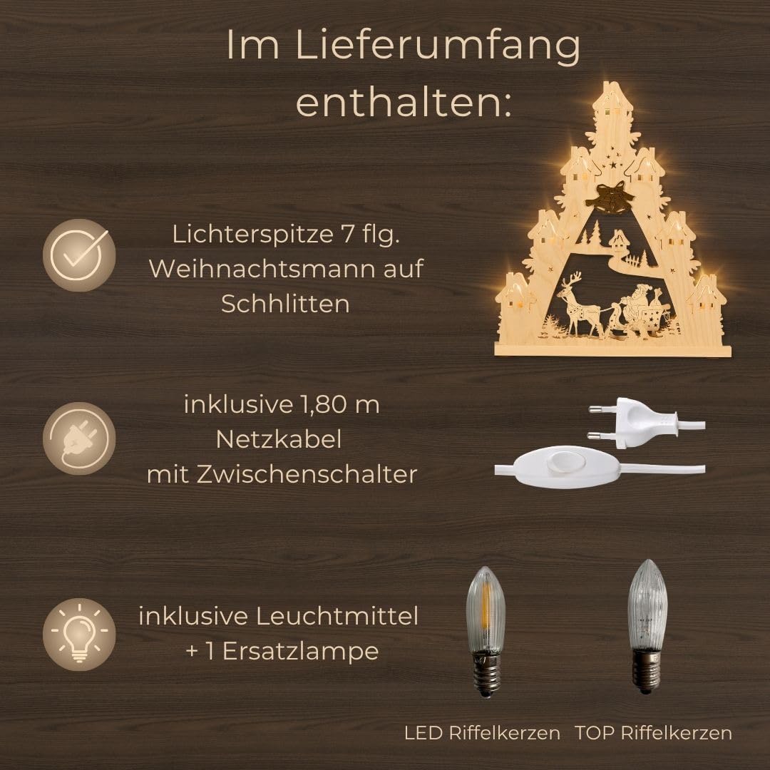 WEIGLA - Lichterspitze original Erzgebirge I Motiv Weihnachtsmann auf Schlitten I LED Lichterbogen Weihnachten I 7 Lampenkerzen + 1 Ersatzlampe I 7 x 34 V, 0,2 W, E10 I Weihnachtsdeko innen I aus Holz
