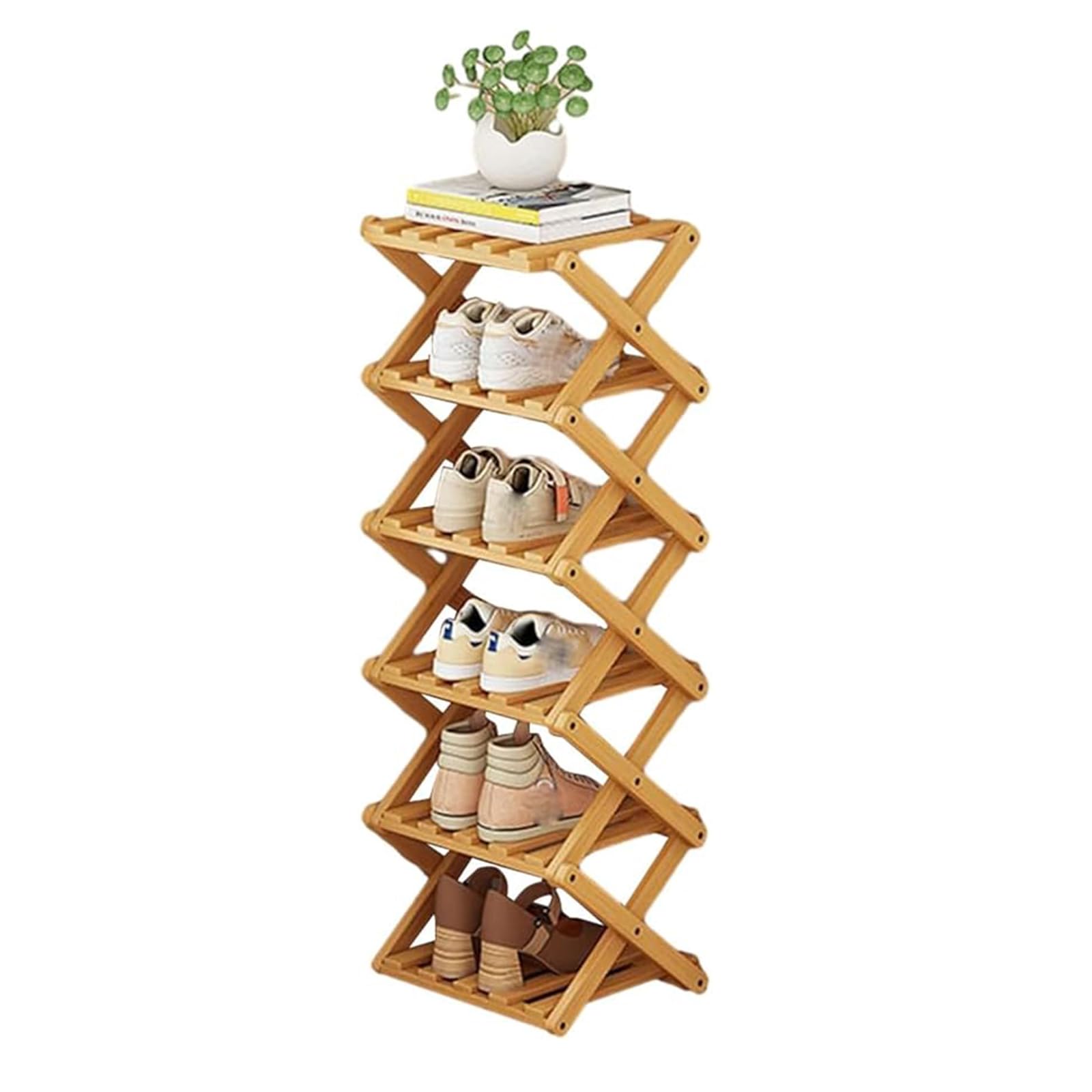 outer treasure Multi Tier Shoe Rack,Shoe Racks Storage,Narrow Shoe Rack,No Installation Foldable X Shape Shoe Racks,Multi layer Show Rack for Bathroom,Living Room Entryway (Natural Color-6 Tier)