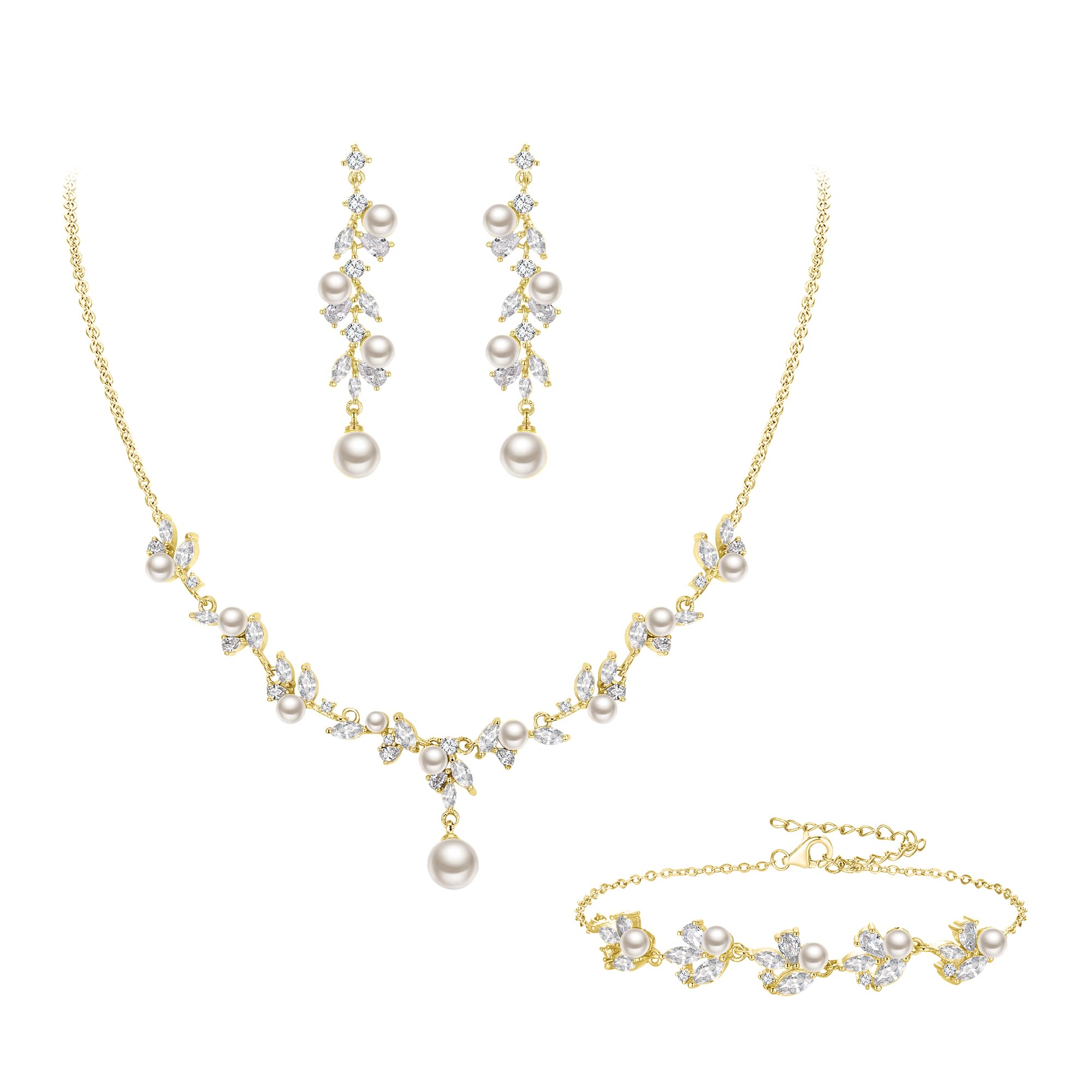 Braut Schmuck Set elfenbeinfarben künstliche Perle Marquise Zirkonia Cluster Anhänger Halskette Ohrhänger und Armband