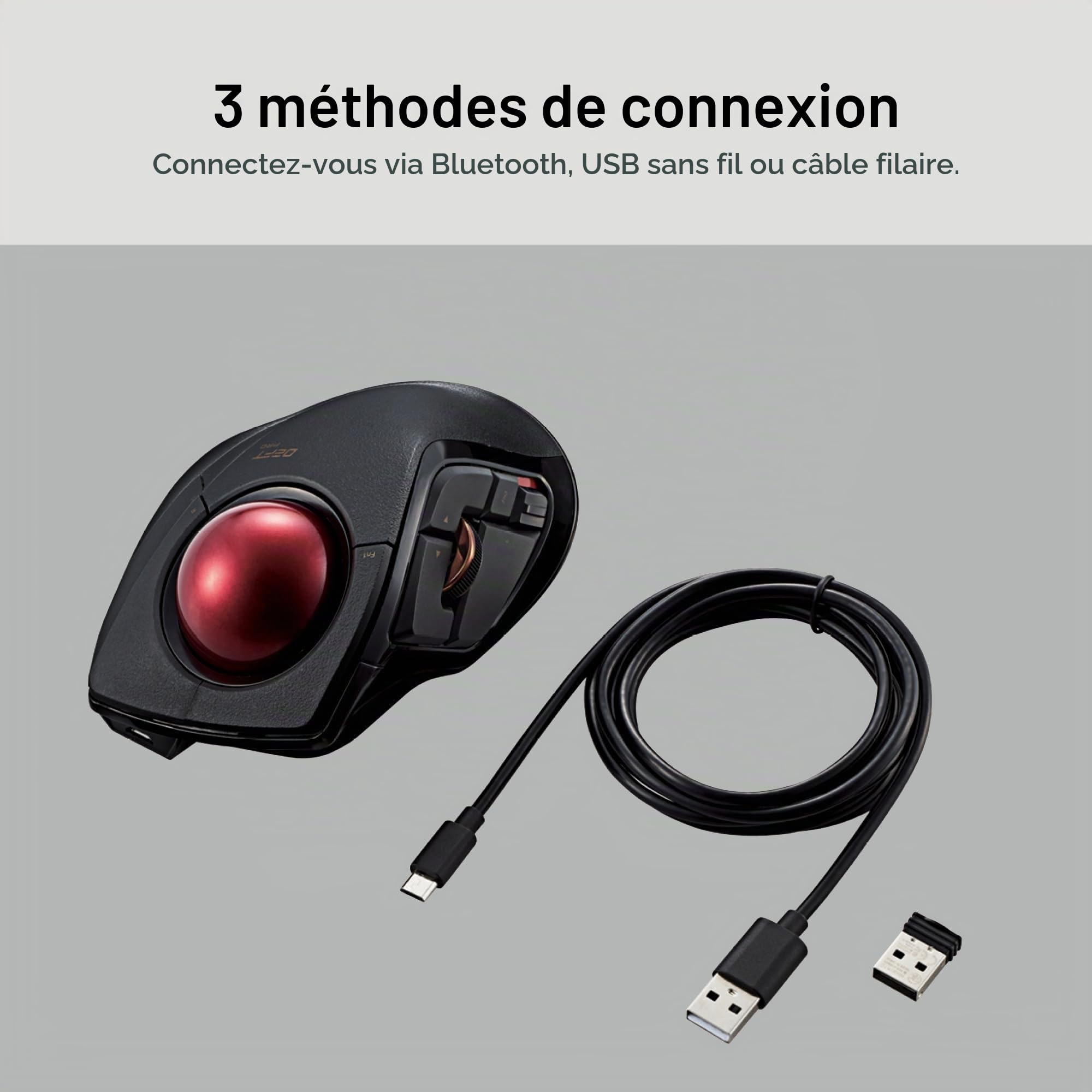 ELECOM DEFT Pro Souris trackball, Filaire, sans Fil, Connexion Bluetooth 3 Types, Design Ergonomique, Fonction 8 Boutons, Boule Rouge, Windows11, MacOS (M-DPT1MRXBK)
