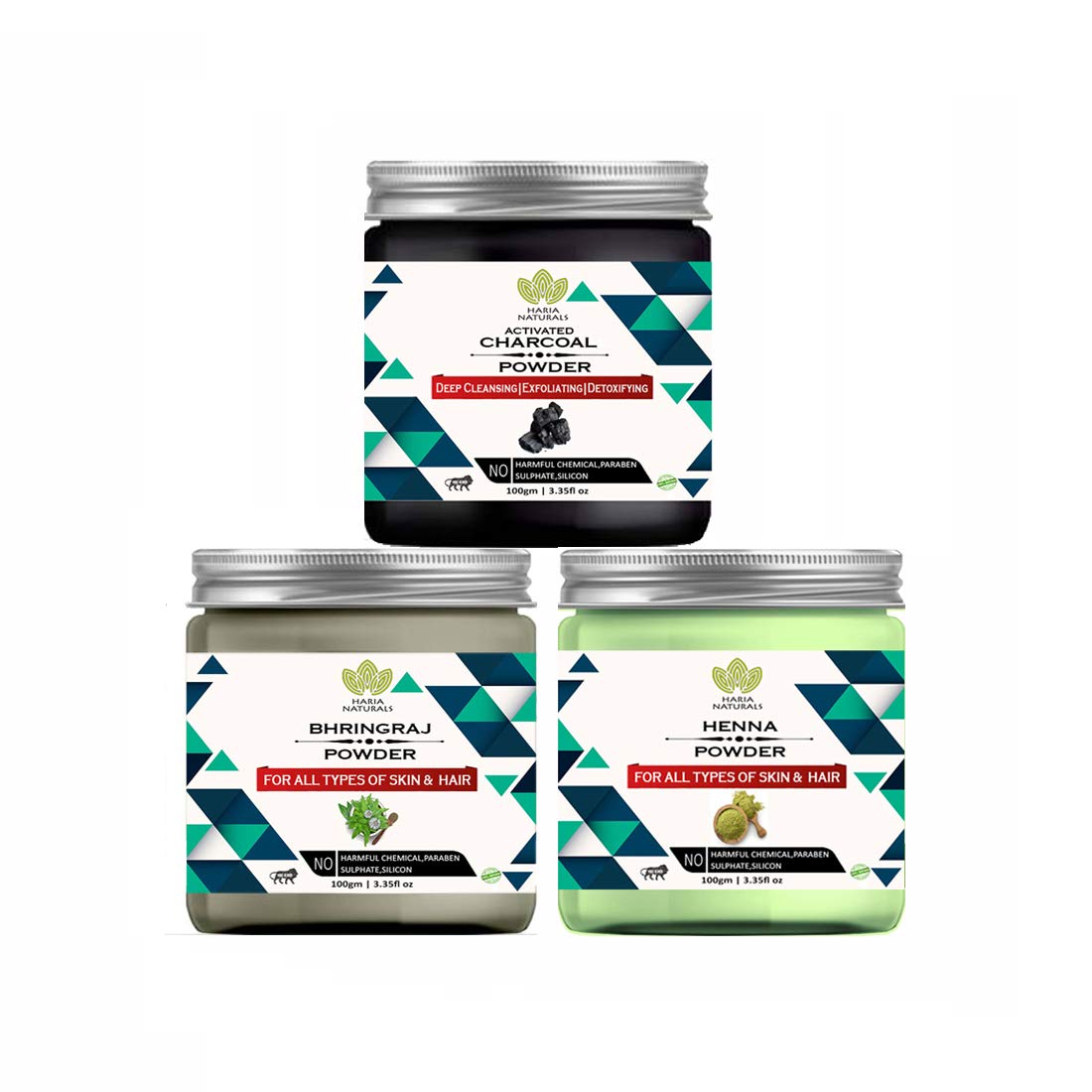 Haria Naturals Charcoal Powder 100gm & Bhringraj Powder 100gm & Henna Powder 100gm (Pack Of 3) 300GM-image-36
