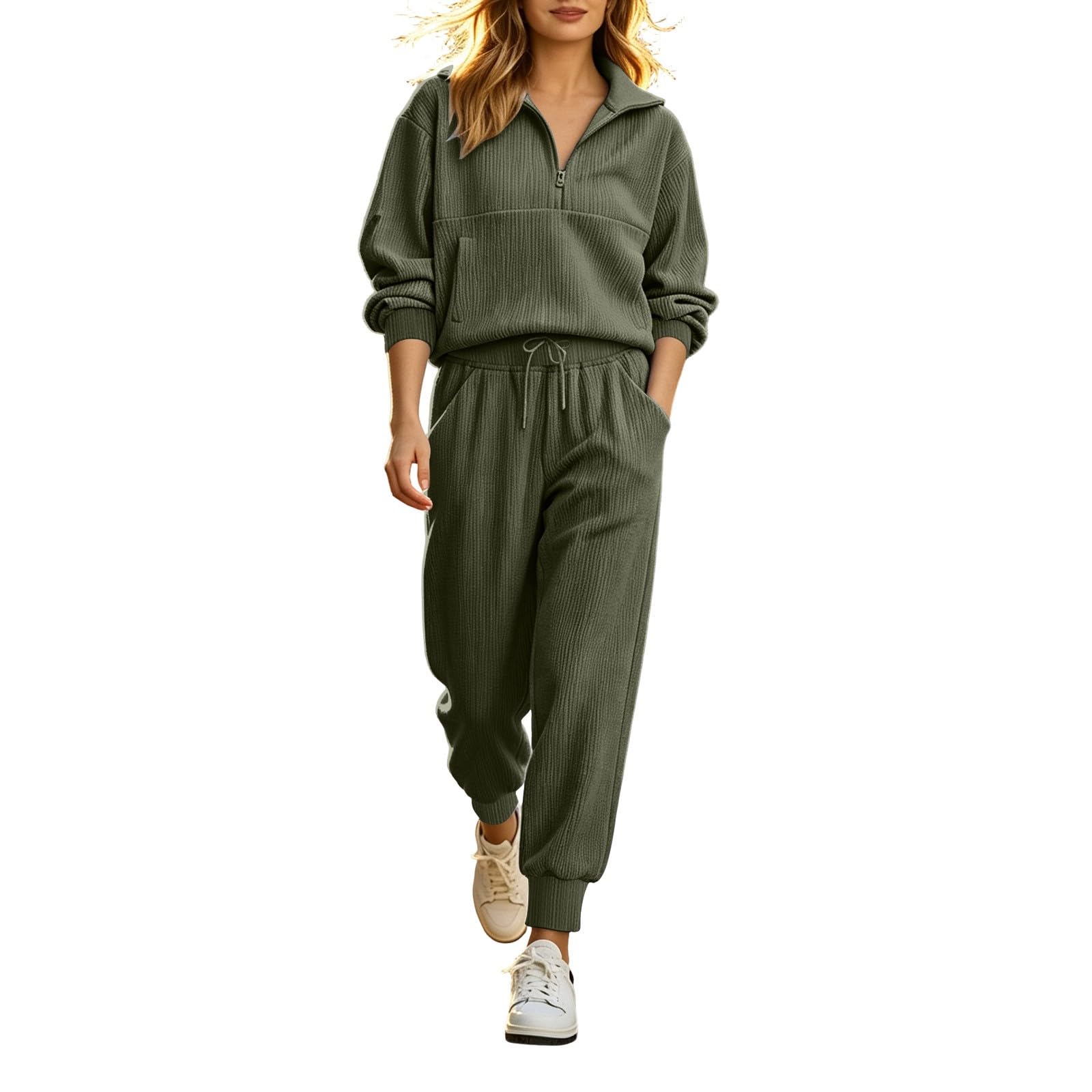 Set di tuta da donna 2 pezzi a coste elasticizzate con mezza zip felpa con risvolto pantaloni jogger autunno inverno casual allentato Co Ord set ampio coulisse loungewear set abbigliamento da viaggio