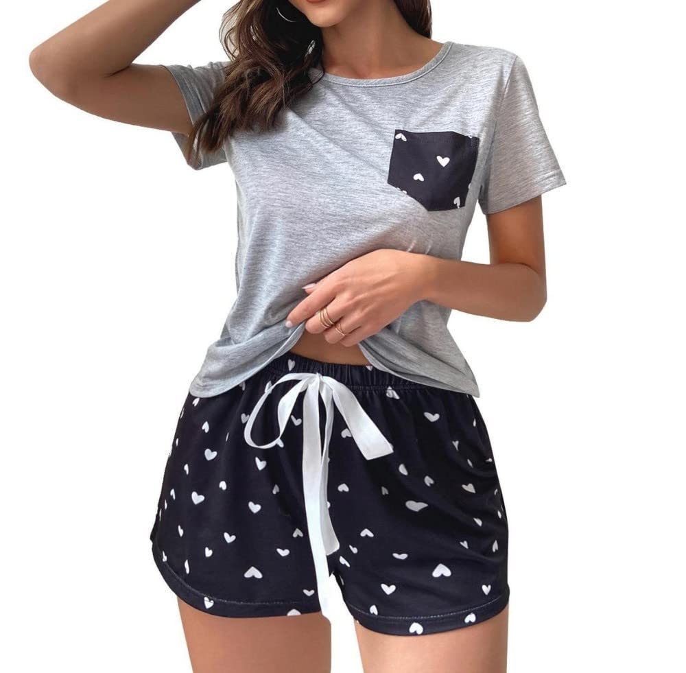 Donna Pigiama Estivo Due Pezzi,Pigiama A Maniche Corte Estivo da Donna con Stampa A Cuore Girocollo Grigio Set da 2 Pezzi Pigiama da Donna alla Moda Morbido Loungewear Regalo per La Festa della Mamm