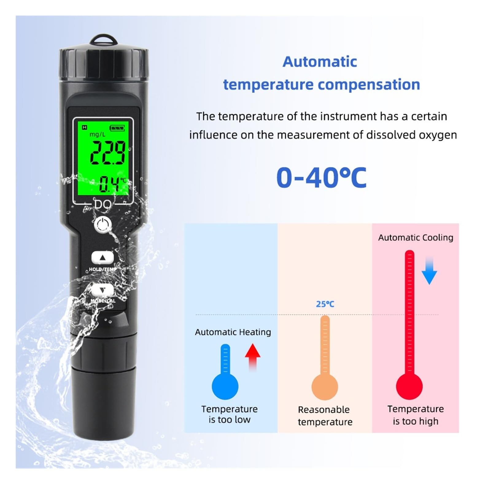 KOSBO Medidor Digital de oxígeno disuelto, 0,0-40,0 MG/L, medidor de oxígeno disuelto en Agua con electrodo A-TC y Fluido de llenado, for acuarios, estanques y acuicultura.(DO Tester 1.2M)