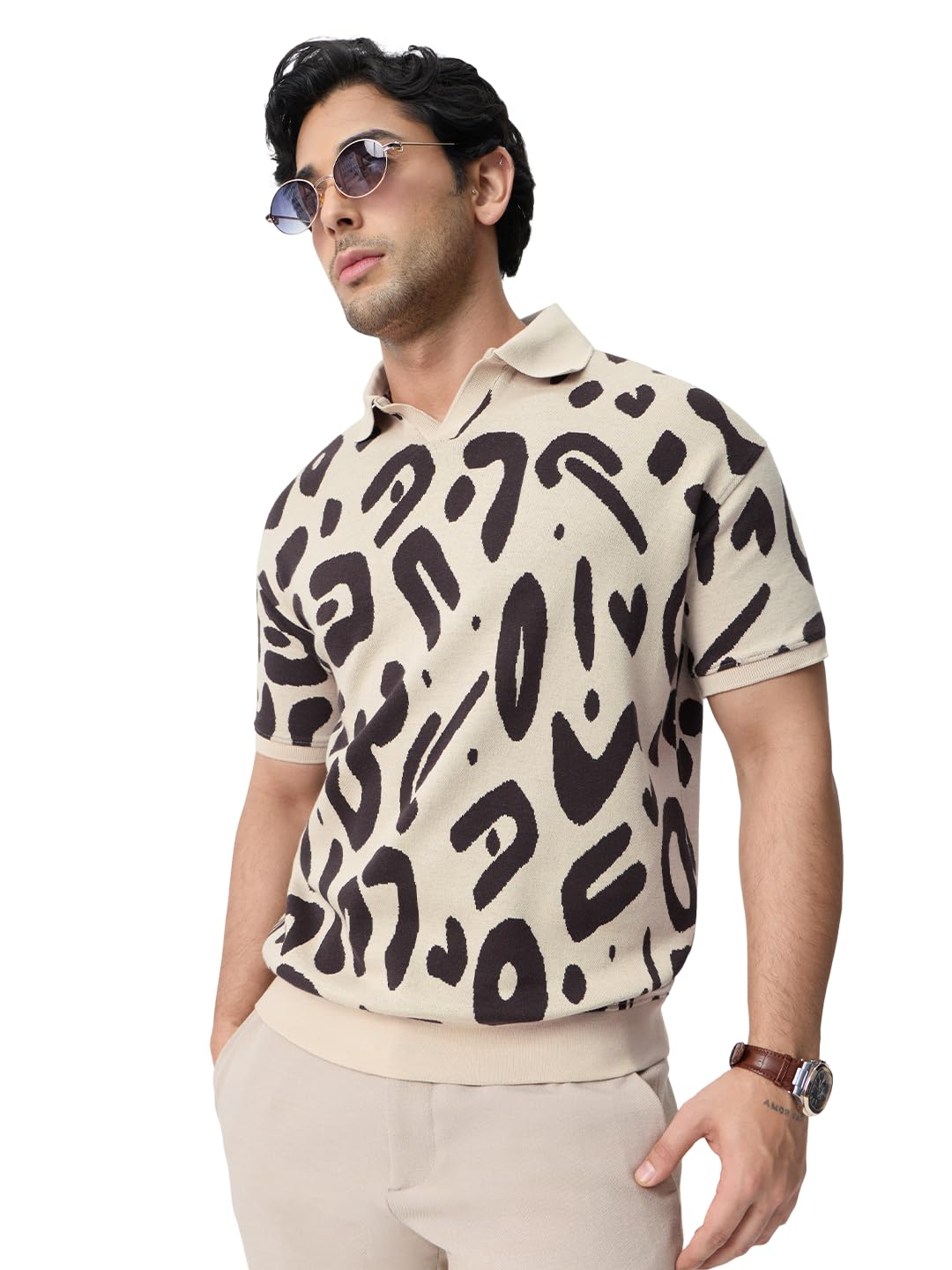 the souled store Soul Beat Men and Boys Short Sleeve Spread Collar Beige Abstract Jacquard Print Cotton Blend Regular Fit Lightweight Everyday Office Wear Easy to Style Trendy Polos-picture-33
