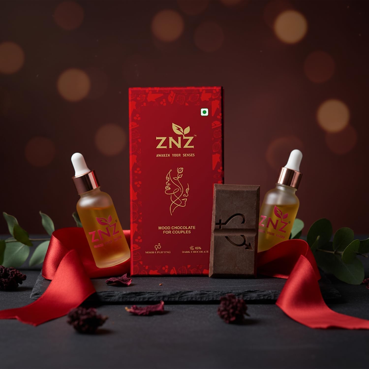 ZNZ Couple Chocolate Gift Set | Mood Uplifting Chocolate with Satin Accent & Aromatic Decor | Gift for Him & Her | Ideal for Anniversary, Valentine & Birthday