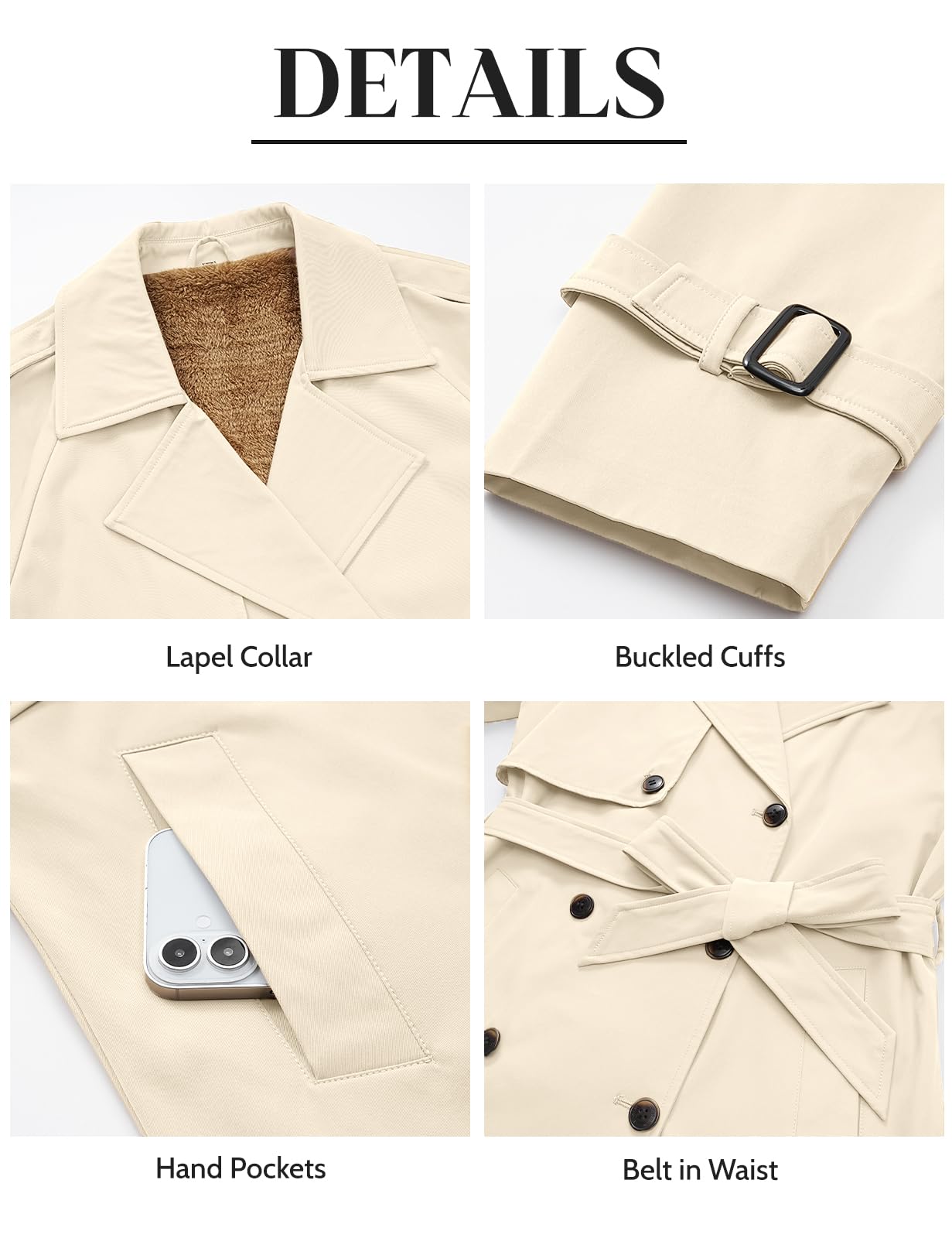 Vancavoo Damen Trenchcoat Gefüttert Mantel mit Gürtel Elegant Wintercoat