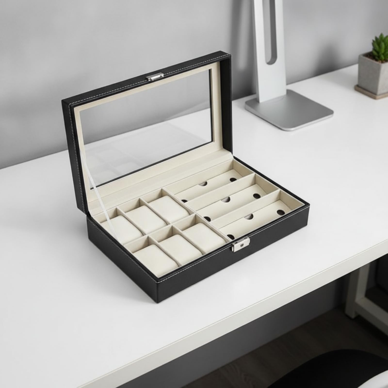 Caja Relojes Multifuncional Organizador Relojes Transparente Estuche para Dormitorio, Negro 6+3 Interior Amarillo