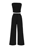 Womens Summer Outfits 2 Piece Sets Casual Ribbed Knit Crop Tube Top Wide Leg Pants Spring Matching Lounge Set