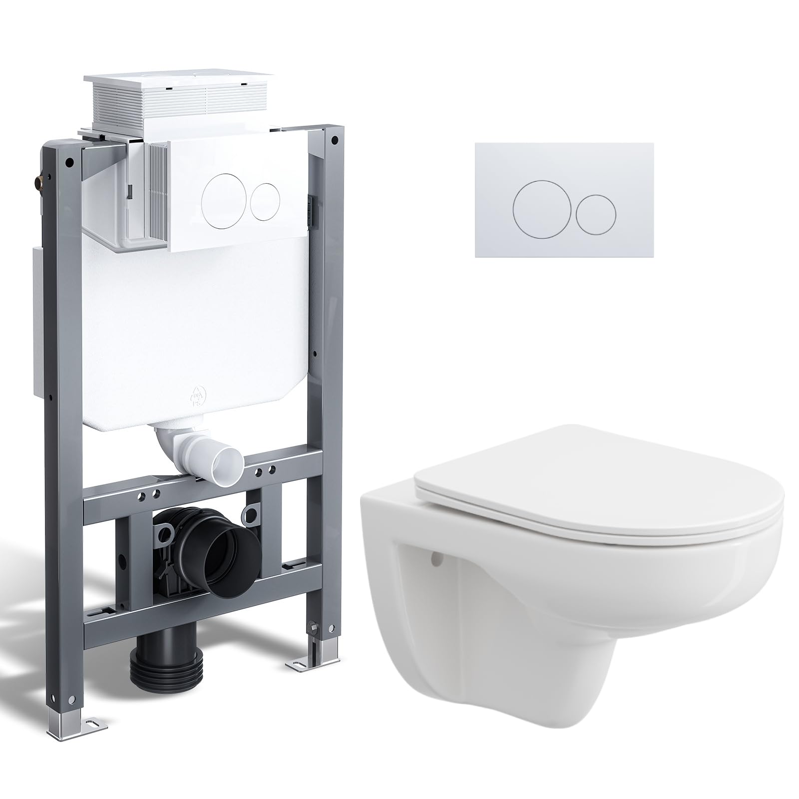 HOROW Wand WC Spülrandlos mit 04L Unterputz Spülkasten und Drückerplatte | Vorwandelement WC Set Komplett, Hänge WC Weiß mit Nanokeramik, Doppelspülung Wassertank, Kraftvolle und Geräuscharme Spülung
