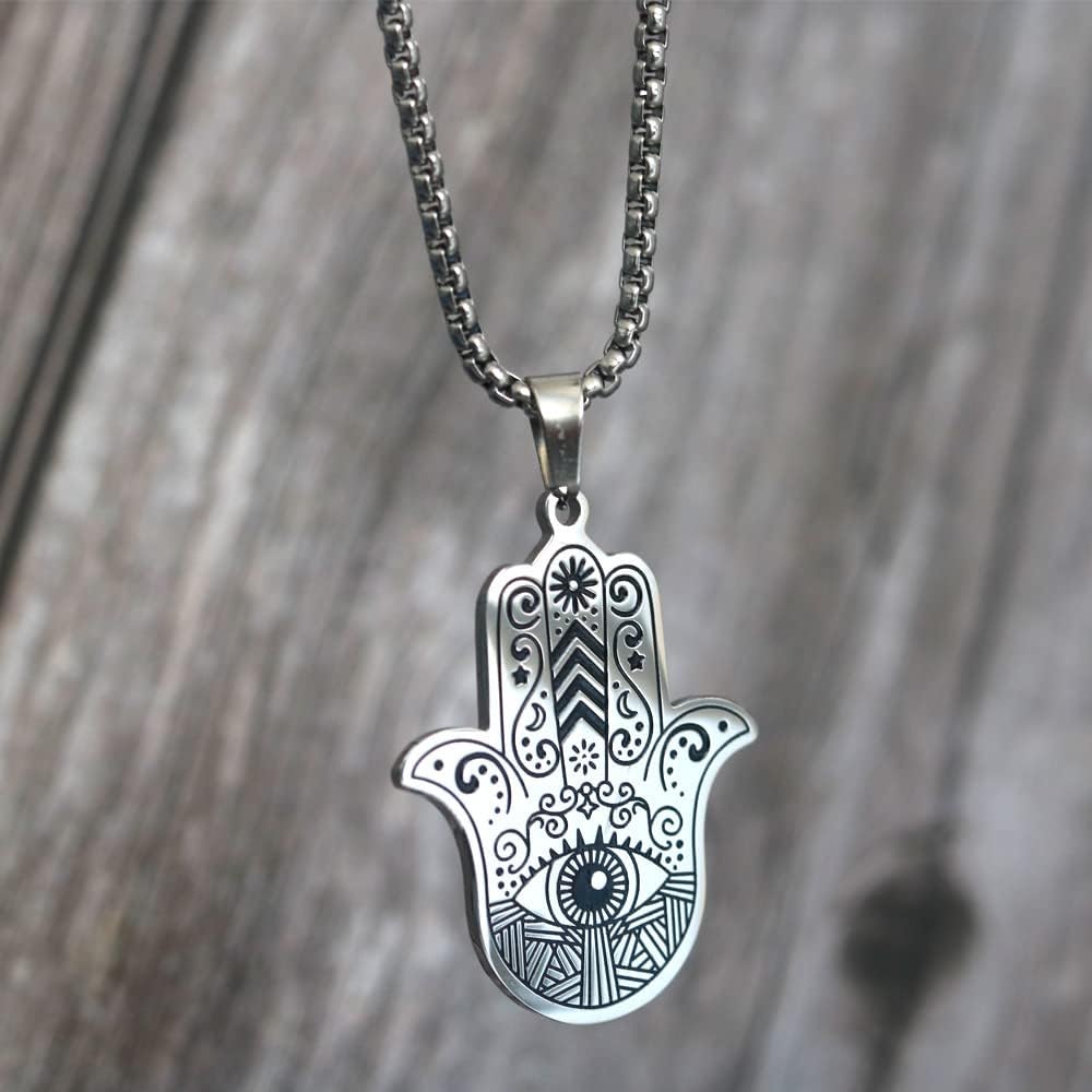 Yocoyee Hamsa Hand of Fatima Evil Eye Pendant Necklace Stainless Steel Lucky Protection Prayer Necklace for Women Men Gift - Image 4
