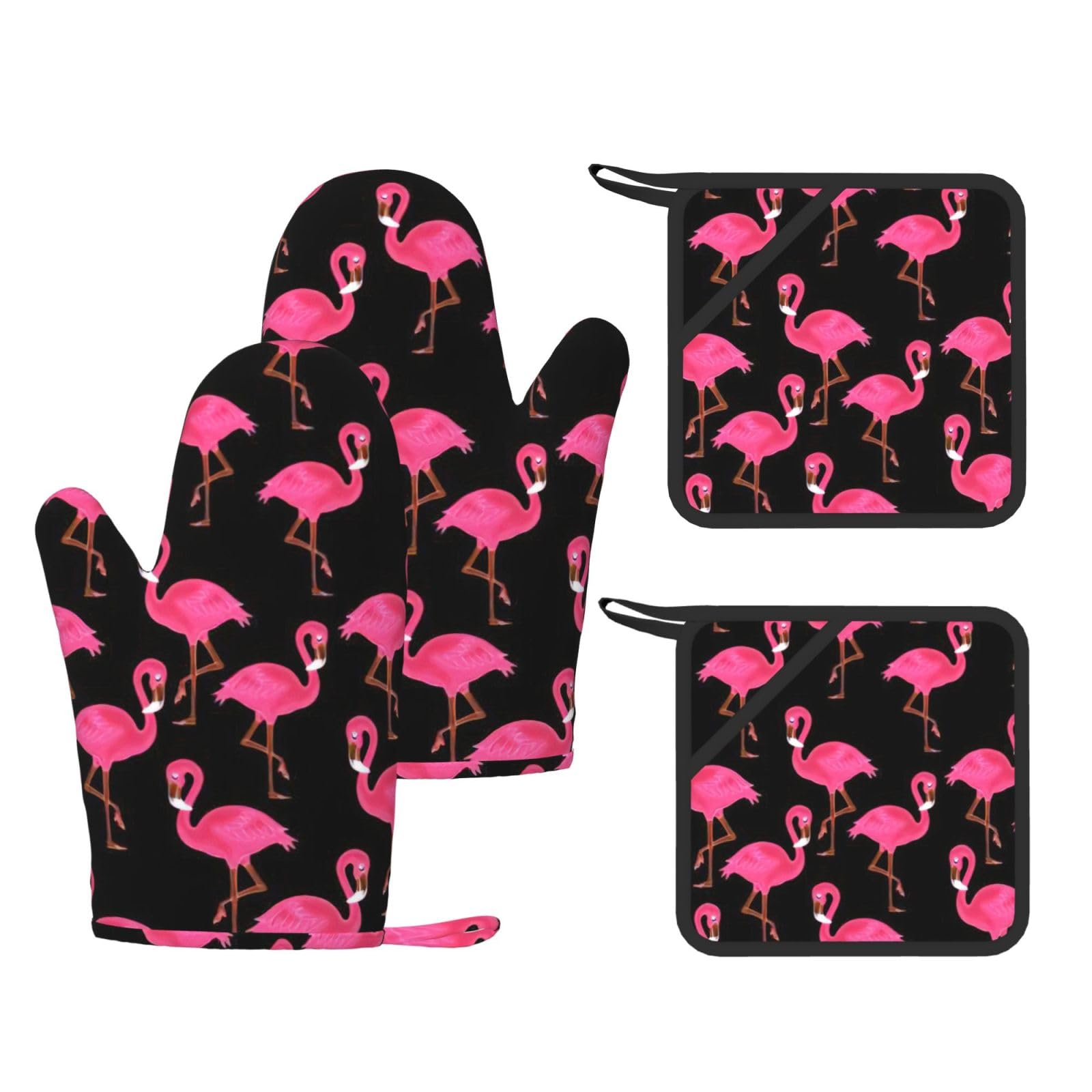 Nimongt Black Lovely Pink Flamingos Print Heat Resistant Gloves Pads Reusable Kitchen Set Oven Baking Grilling Cooking