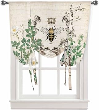 Tie Up Curtains Window Shades, Sweet Honey Bees Rod Pocket Tie Up Window Shade, Adjustable Balloon Curtain Shade for Blinds Kitchen Bathroom, 1 Panel, 34"x45"