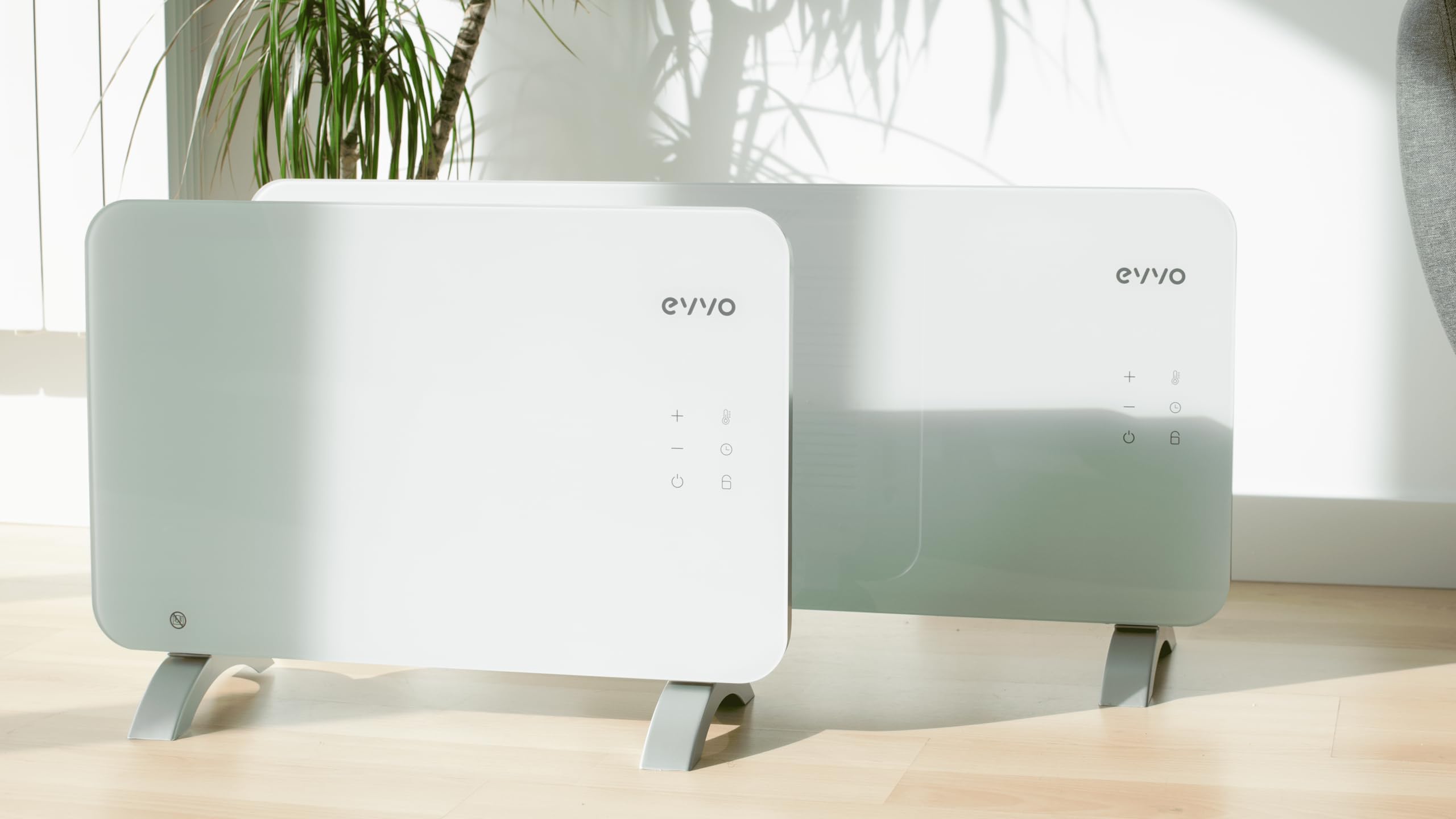 EVVO Convector C1000 Cristal Blanco - Calefactor Bajo Consumo 1.000W, Radiador Electrico Bajo Consumo, Calefactor Baño, Cristal Templado, Táctil, Wifi, Instalación Suelo/Pared, Google Home Alexa