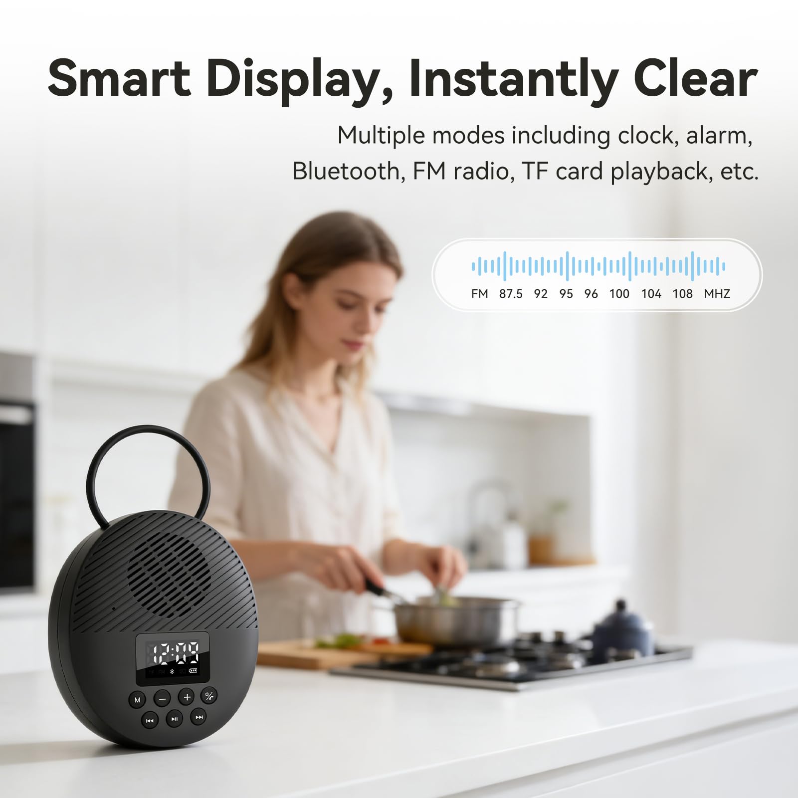 AGPTEK Duschradio Bluetooth 5.4 Badradio | mit Uhr, Lautsprecher, LED-Display & Wecker, IPX5 Wasserdicht Mini Radio for the Bathroom Radio mit Saugnapf & Aufhängeseil