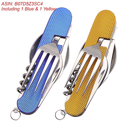 6 en 1 Cubiertos Plegables de Acero Inoxidable Juego de Cubiertos de Camping Cubiertos de Viaje Al Aire Libre Kit Vajilla Desmontable Aplicar en Senderismo Viaje de Picnic Festival (Azul Amarillo)
