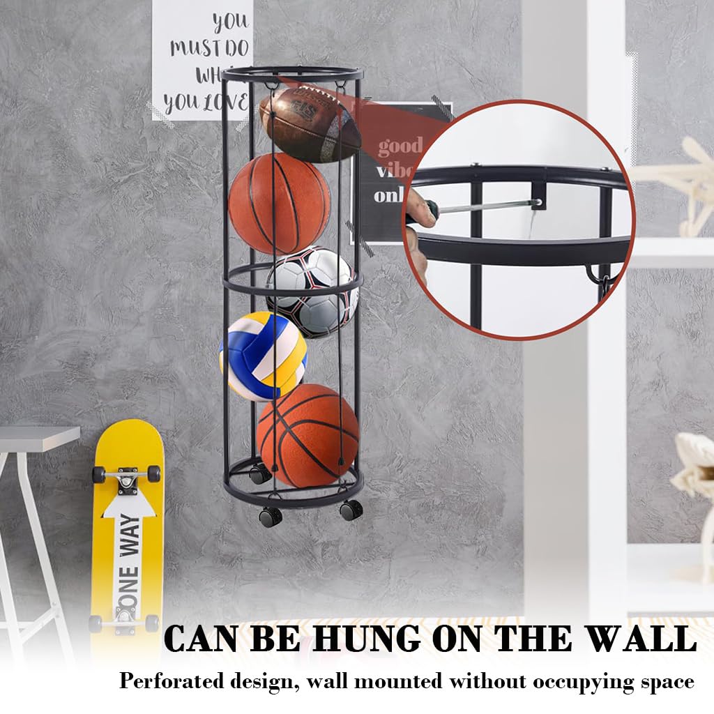 PROBEROS® Ball Storage Organizer Rack, Mobile Metal Elastic Wire Ball Storage Rack with Caster Wheels, Multi Purpose Floor, Wall Mounted Ball Storage Basket Sports Equipment Organizer, 13x38.4 inch 3