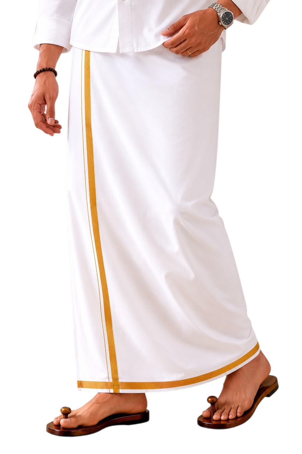 Men's Pure Cotton Traditional Madrasi Lungi 2.25 Meter, White with Golden Border, 100% Pure Cotton, Pack of 1-picture-48