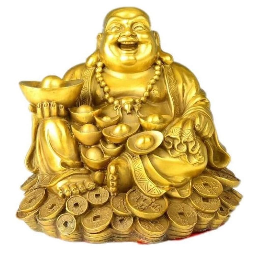SMRTHMRT Charm Lucky Buddha Statues Fengshui Product Brass Handicraft Laughing Buddha Sitting On Coins Sculpture for Home Office