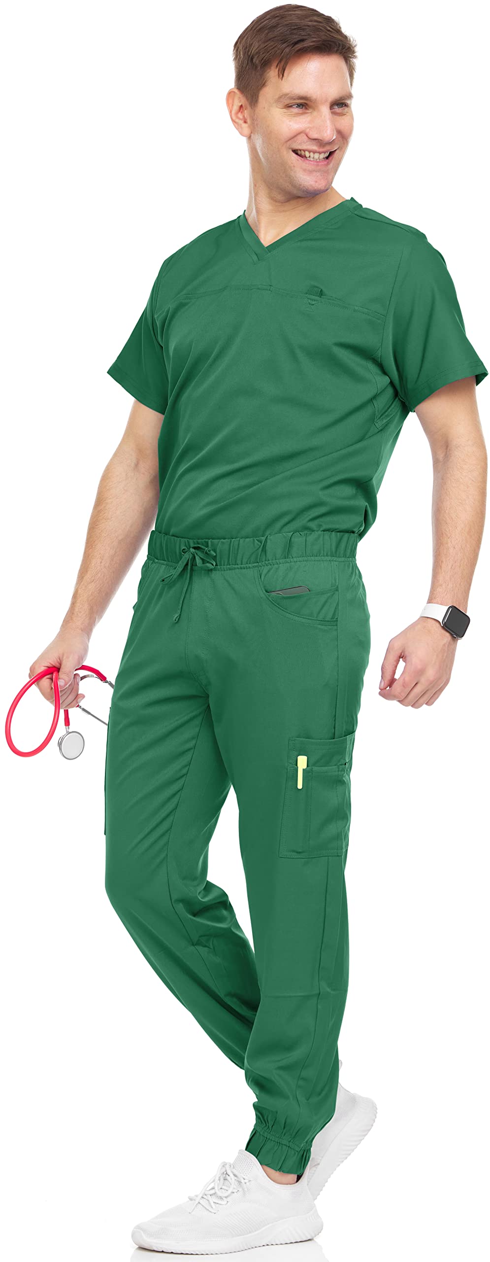 Medichic Men's Workwear Stretch V-Neck Scrub Joggers Set with Seven-Pocket Pants, Available in 6+ Colors