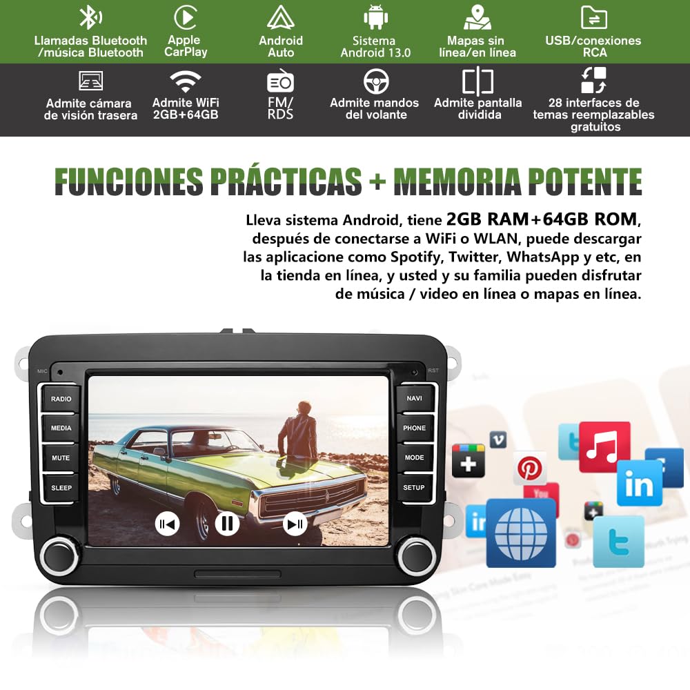 AWESAFE 2GB+64GB Radio Android 13.0 para Coche con Pantalla Bluetooth 2 DIN para VW, Autoradio 7'' con CarPlay/Android Auto para VW, Admite WiFi/GPS/RDS/USB/FM/Mandos del Volante y Cámara Trasera