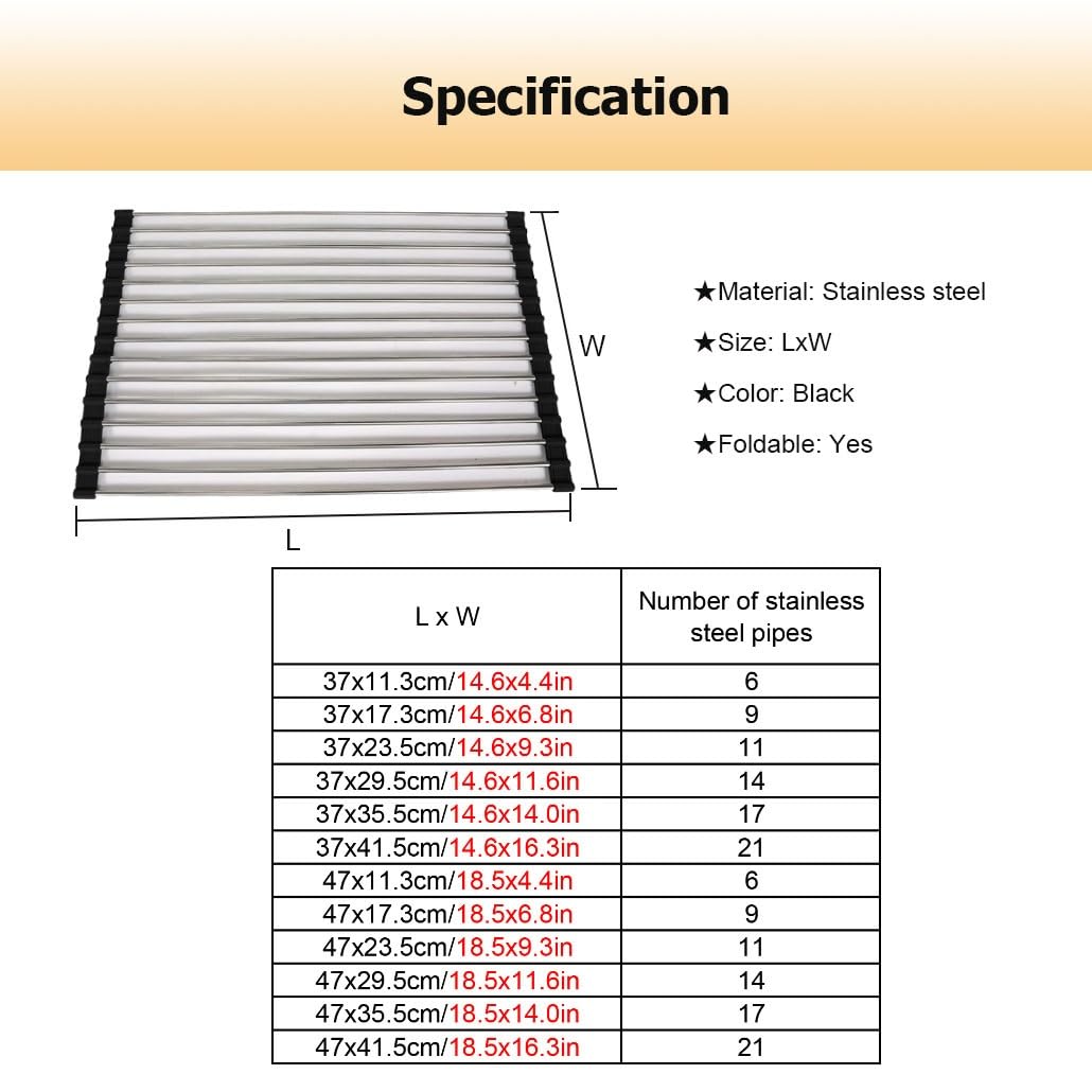 Escurridor Enrollable, Rejilla Plegable for secar Platos sobre Fregadero, Acero Inoxidable, Silicona, Negro, Gris, 14,6-18,5 Pulgadas(Black,47x29.5cm/18.5x11.6in)